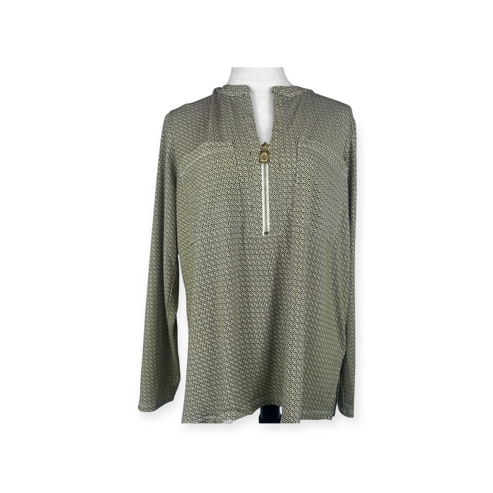 Michael Kors yellow and black chain print quarter zip front top size XL